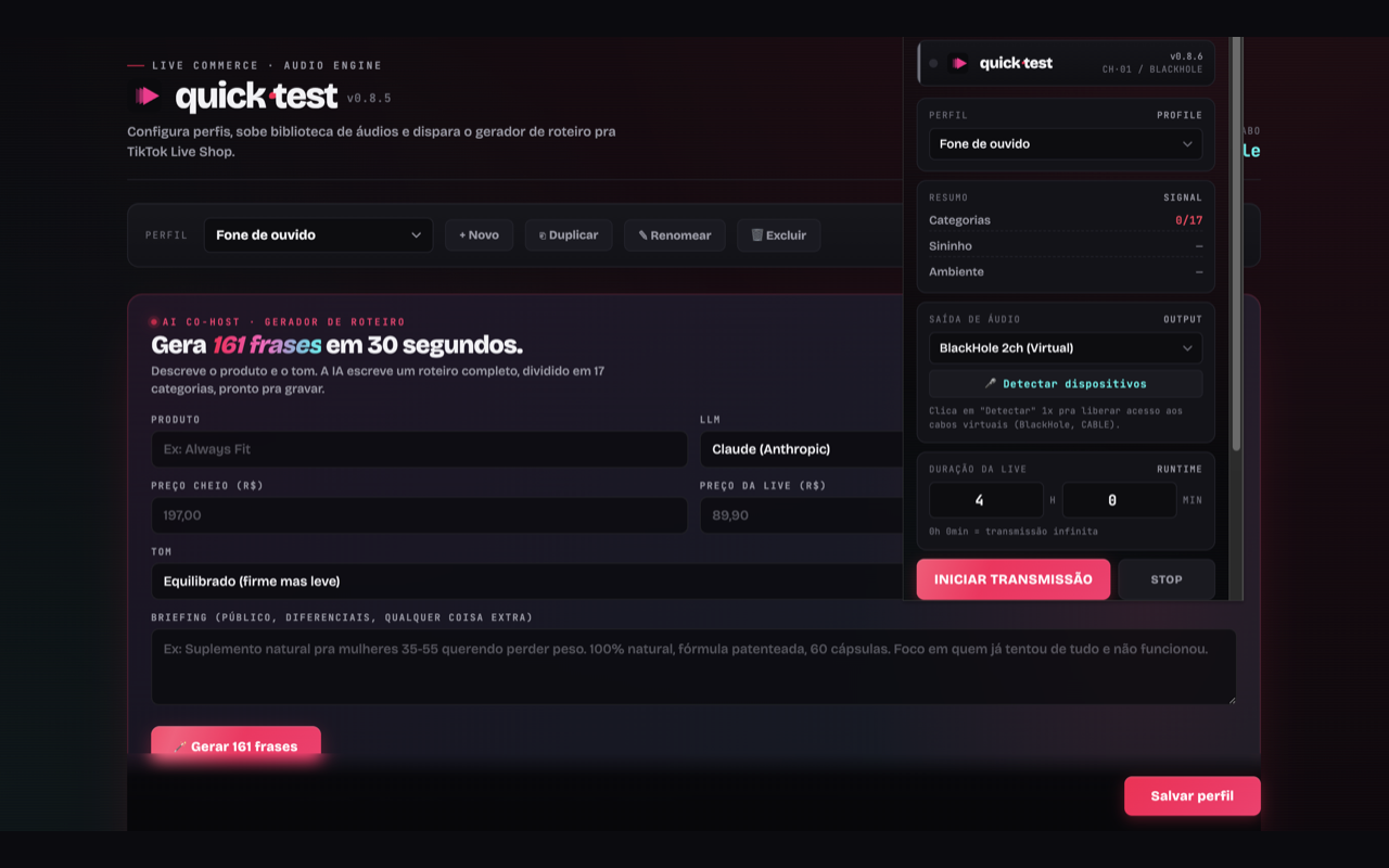 Quick Test rodando — interface principal